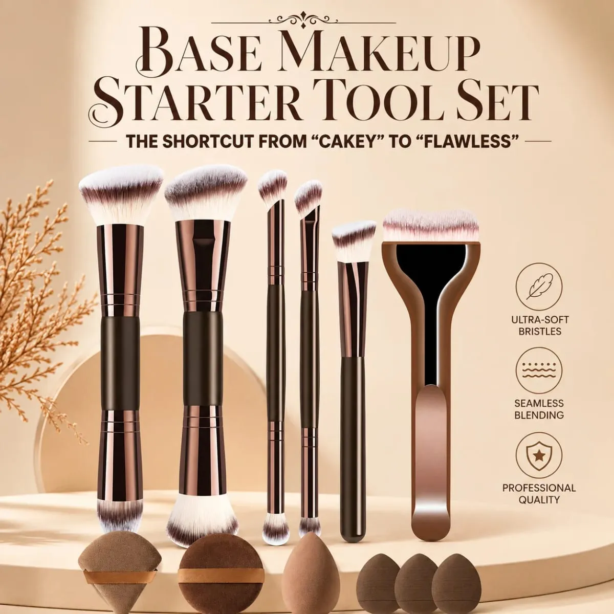 12-teiliges Make-up-Pinsel-Set mit 6 flachen und runden Pinseln und 6 Schwämmen für Foundation, Puder, Rouge und Lidschatten — image 3