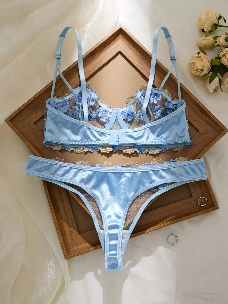 Romantic Fairy Floral Embroidery Lingerie Set Sheer Mesh Longline Bra Panty Set Women Sexy See‑Through Mesh Intimate Sleepwear — image 2