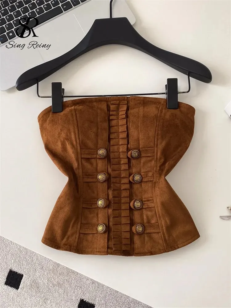 Fake Suede Senior Vintage Tank Top Autumn Female Metal Button Bodycon Top French Sensual Chic Commute Party Camisole — image 3