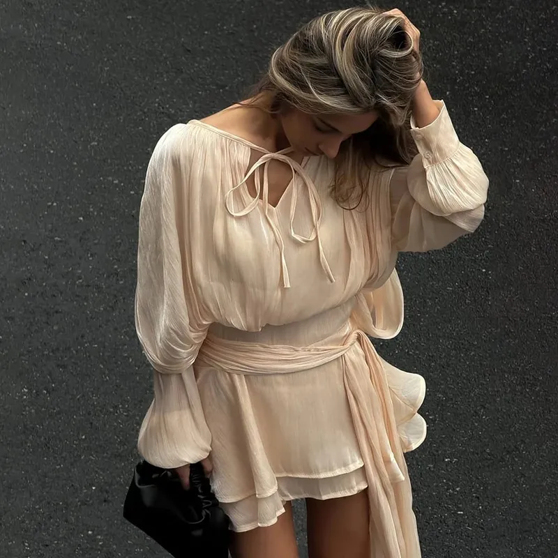 Ticketsx Sommer Glänzende Schulter Dünne Plissee Mini Kleid Elegante Solide Rüschen Langarm Vestidos Dame Party Abendkleid