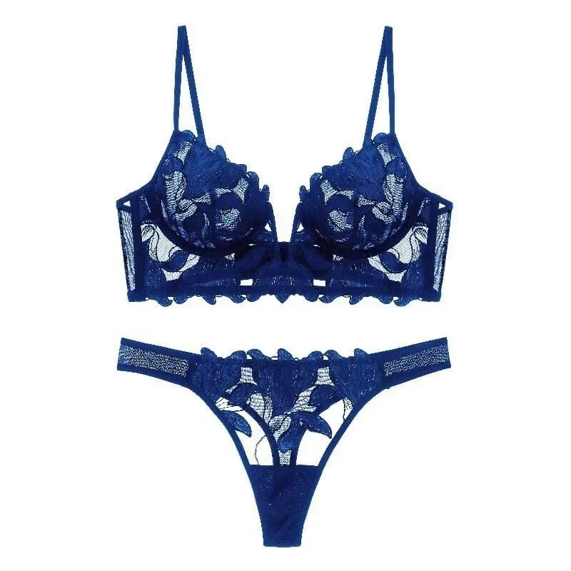 Women Red Floral Lace Lingerie Set Sheer Underwire Thin Cup Bra Matching Thong Panties Sexy Hollow Intimates — image 9