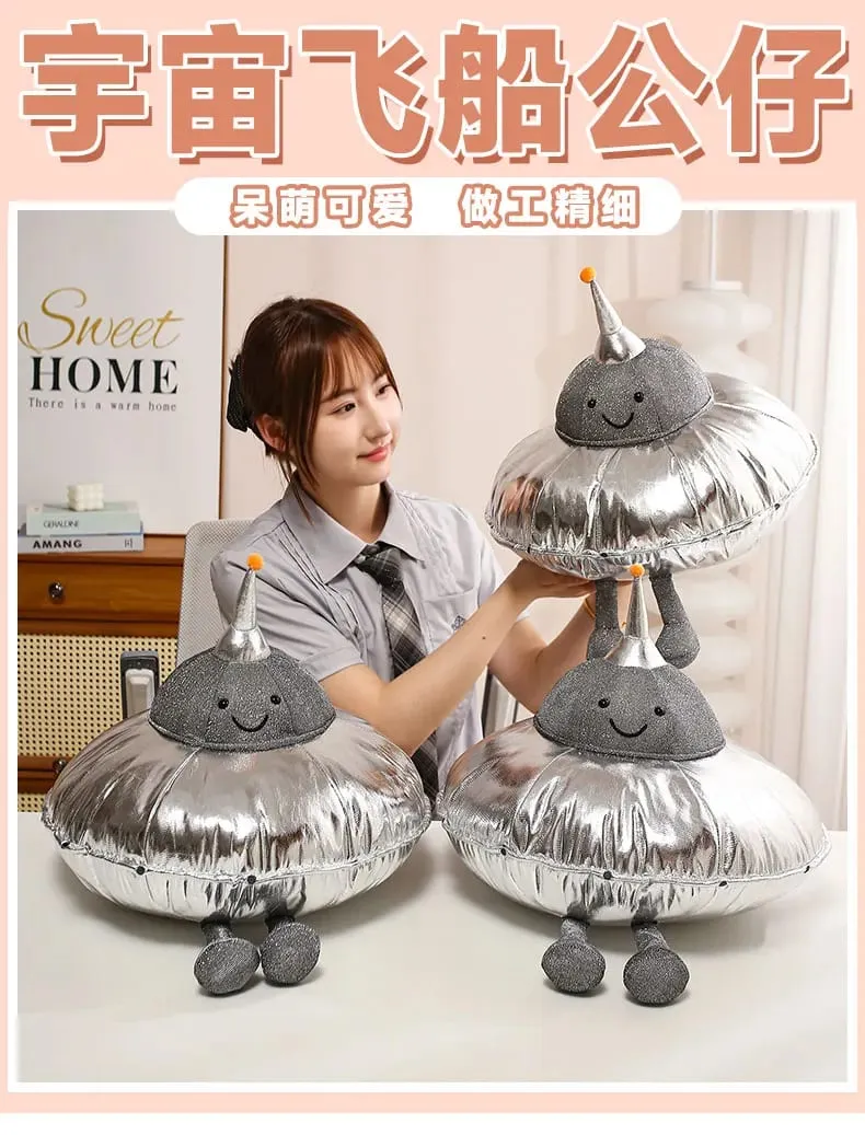 Cute UFO Plush Pillow Silver Metallic Flying‑Saucer Stuffed Toy Soft Alien Spaceship Plush Cushion Space‑themed Home Decor Gift — image 8