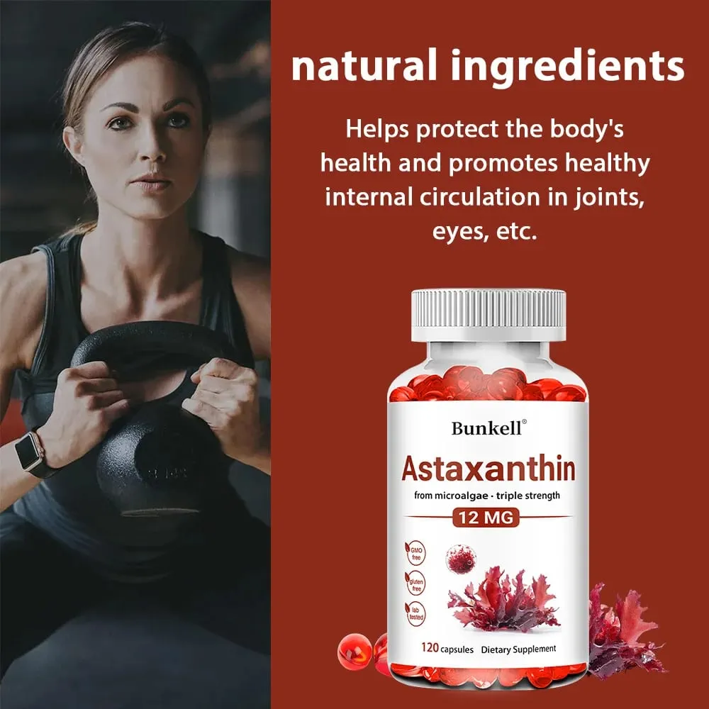 Astaxantina 12 mg-suporta a pele dos olhos e a saúde das articulações antioxidante promove o metabolismo promove a saúde cardiovascular-120 cápsulas — image 3
