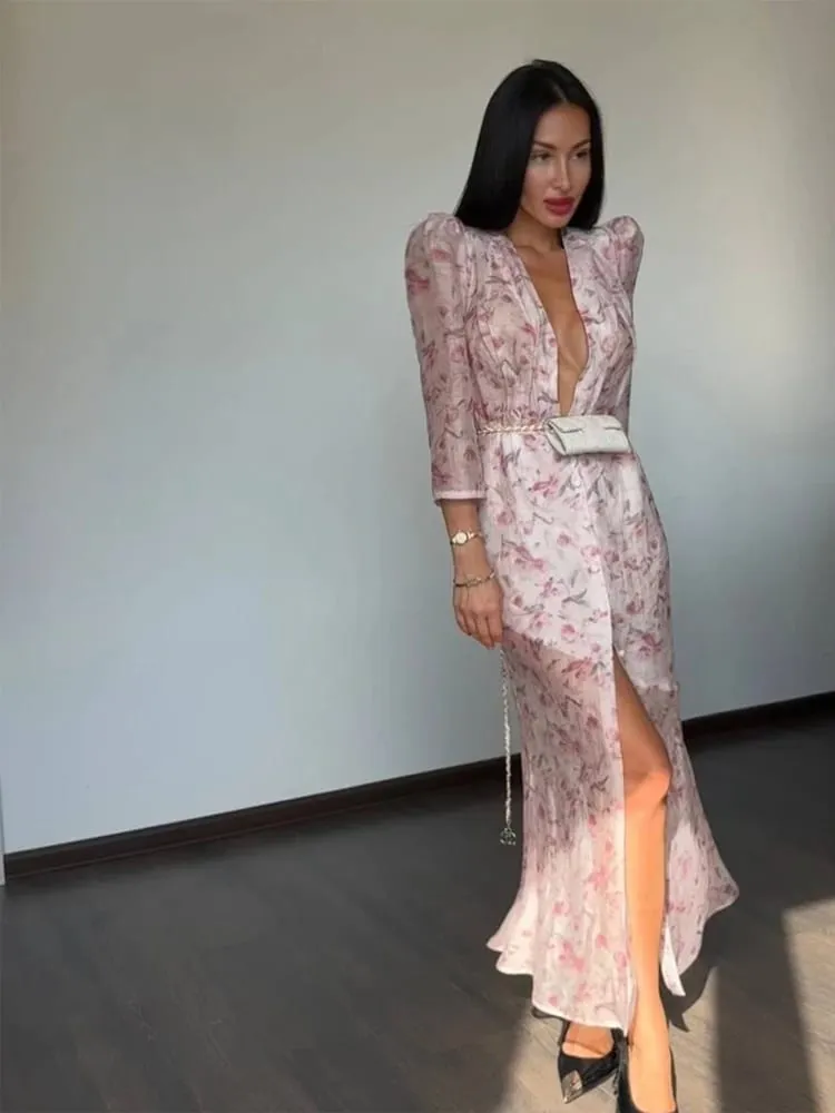 Fesyen Seksi Organza Floral Printed Maxi Dress V-neck Puff Sleeve 2026 Musim Panas Baru Romantik Wanita Gaun Pesta Wanita Elegan Vestido
