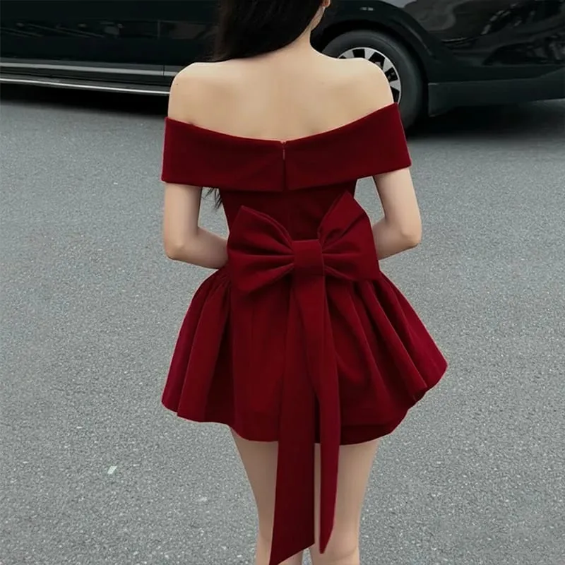 Fashion Red Bowknot Mini Dress Straps Square Collar Sleeveless Backless Vintage Cute Ladies Slim Party Short A-line Dresses — image 6