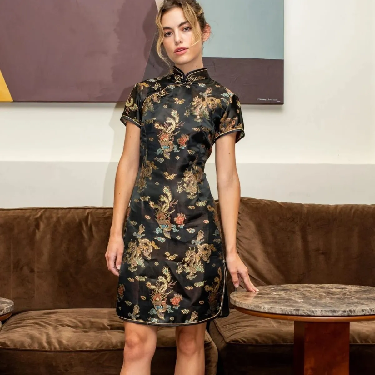 Đen Truyền Thống Phụ Nữ Trung Quốc Qipao Đầm Ngắn Gợi Cảm Sườn Xám Tay Nút Hoa Kích Thước Lớn 3XL 4XL 5XL 6XL — image 5