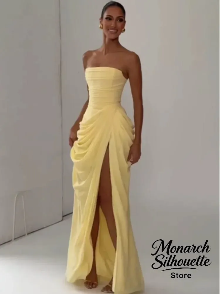 Elegant สีเหลือง Strapless จีบยาวชุดผู้หญิงเก๋แขนกุดเอว Cinching แยกชุด 2026 Lady Evening Party Robes — image 2