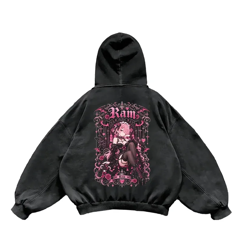 Anime Re:Zero Ram Gothic Hoodies Vintage Washed Streetwear Men Women Clothing Fall Long Sleeves Oversized 100% Cotton Hooded Top — image 3