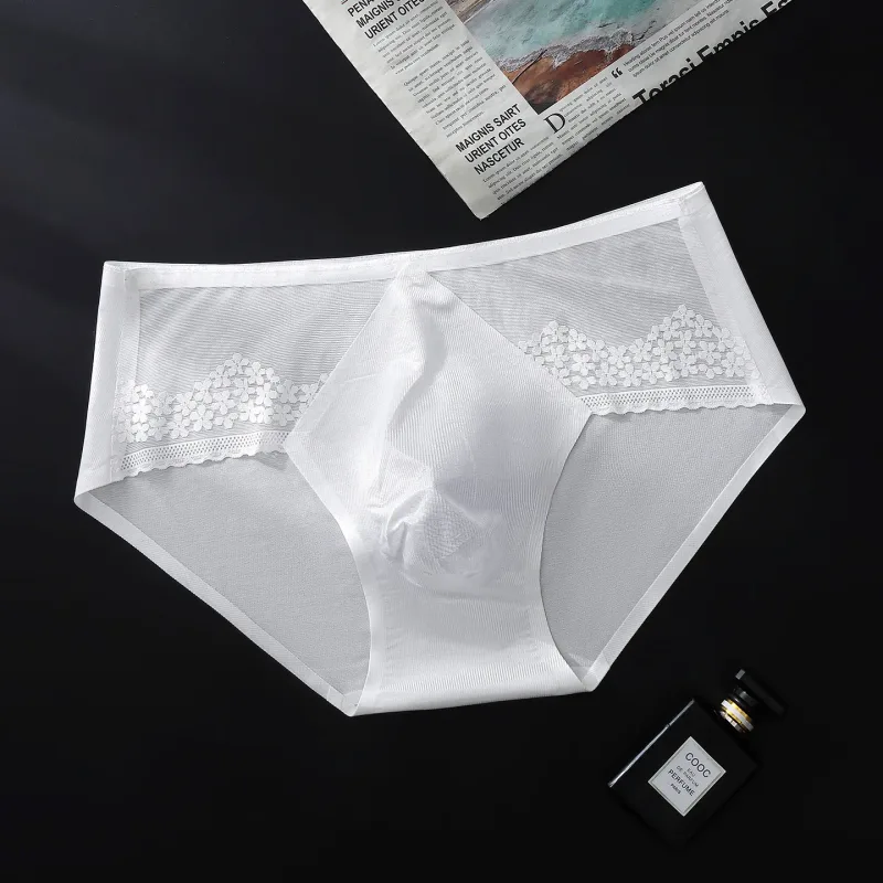 Large Size Men Sexy Panties Silky Satin Bugle Pouch Underwear Lace See Through Brief High Elastic Soft Underpant Bikini Lingerie