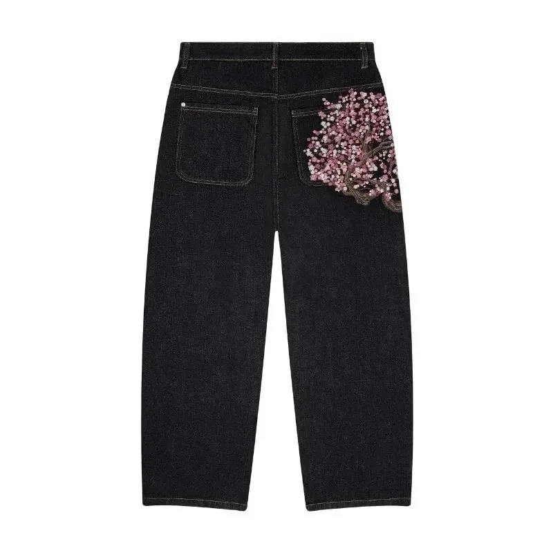 Y2K Baggy Jeans Cherry Blossom výšivka Džínové kalhoty Muži Ženy American Hiphop Streetwear Široká noha džínové kalhoty — image 9