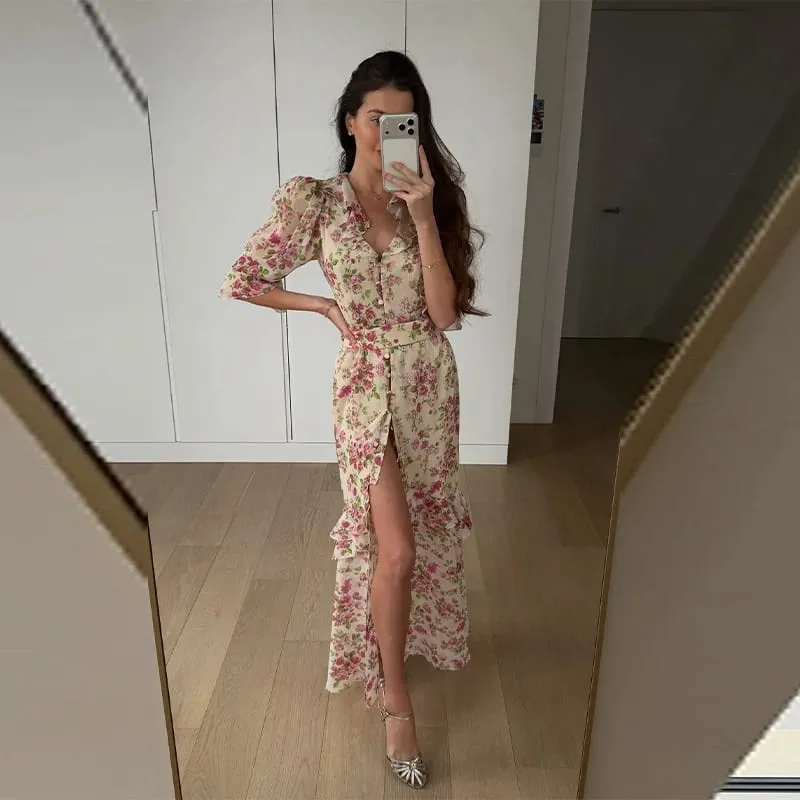 Elegant Ruffle ผู้หญิงชุดยาว V คอครึ่งแขนปุ่มเอว Cinching จีบชุด 2026 ฤดูใบไม้ผลิ Lady แฟชั่น Party Robes