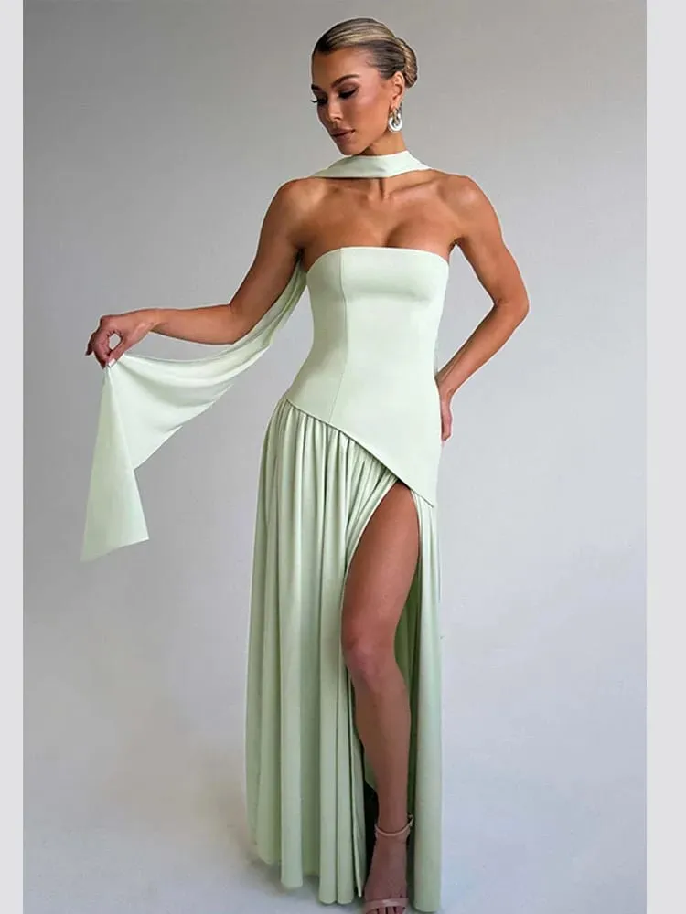 Maxivestido liso empalmado con cinta para mujer, Vestidos largos elegantes sin tirantes y sin mangas con abertura, novedad de 2025, Vestidos de fiesta de verano para mujer