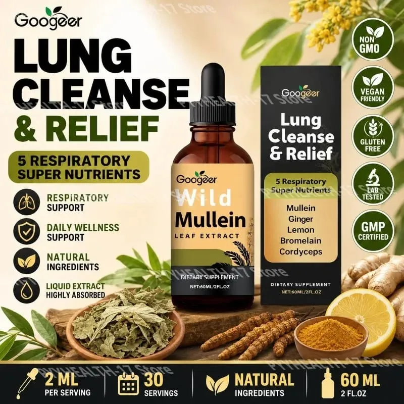 Googeer Wild Mullein Leaf Extract Liquid Respiratory Support Ginger Lemon Peel Extract Bromelain and Cordyceps Extract 60 ML — image 1