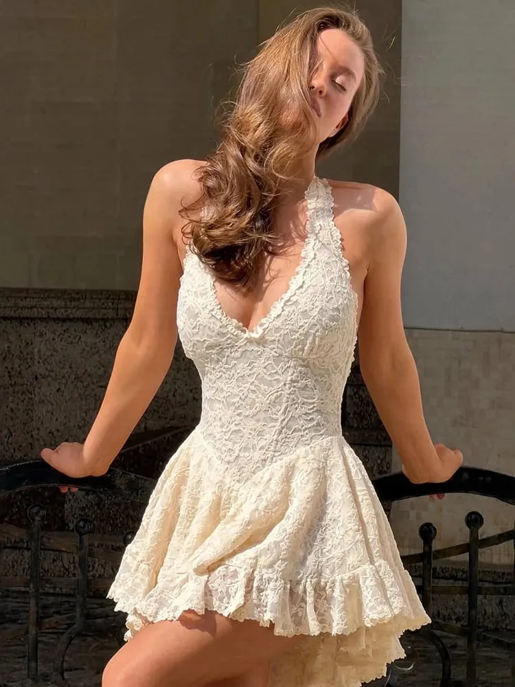 فستان الحفلات الراقصة من Whatiwear للنساء موضة الجاكار الرسن على شكل حرف v بدون ظهر دانتيل طيات ضيقة بدون أكمام أنيق أنيق صغير Bodycon — image 2