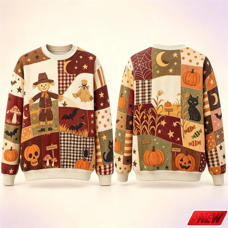 Halloween Splicing Patterns Sweatshirt Men 3D Print Pumpkin Cat Long Sleeve Pullover Hoodie Quick Dry Holiday Costume Top Unisex — image 6