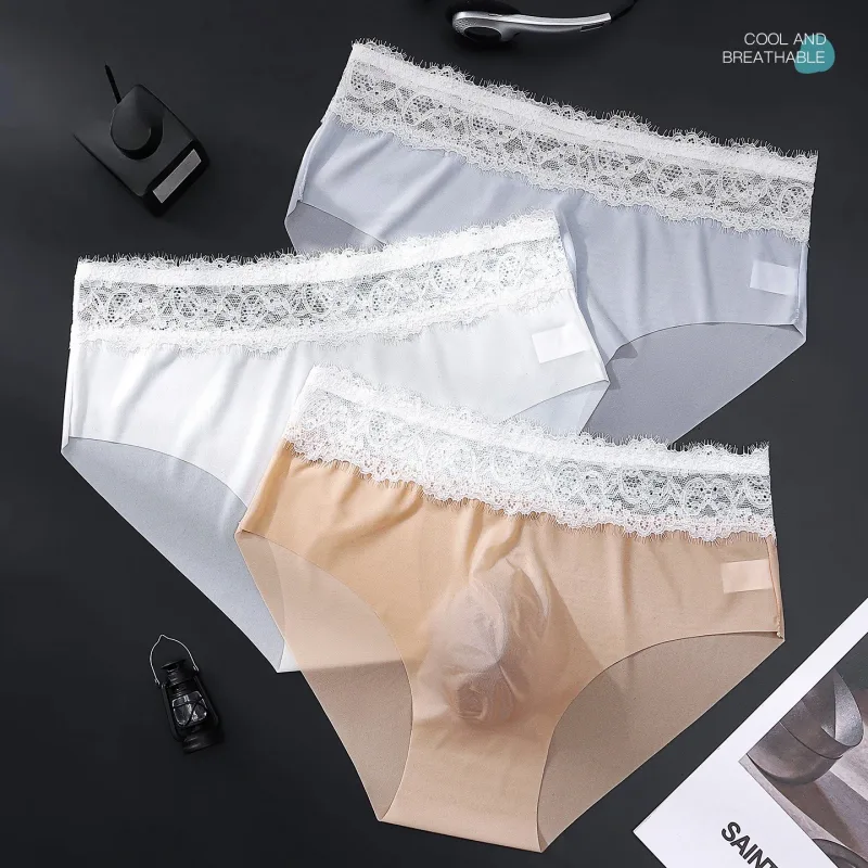 Calças triangulares masculinas de seda gelo com borda de renda, roupa íntima fina respirável sem rastros, cintura baixa, macia, sem costura, conforto masculino — image 5