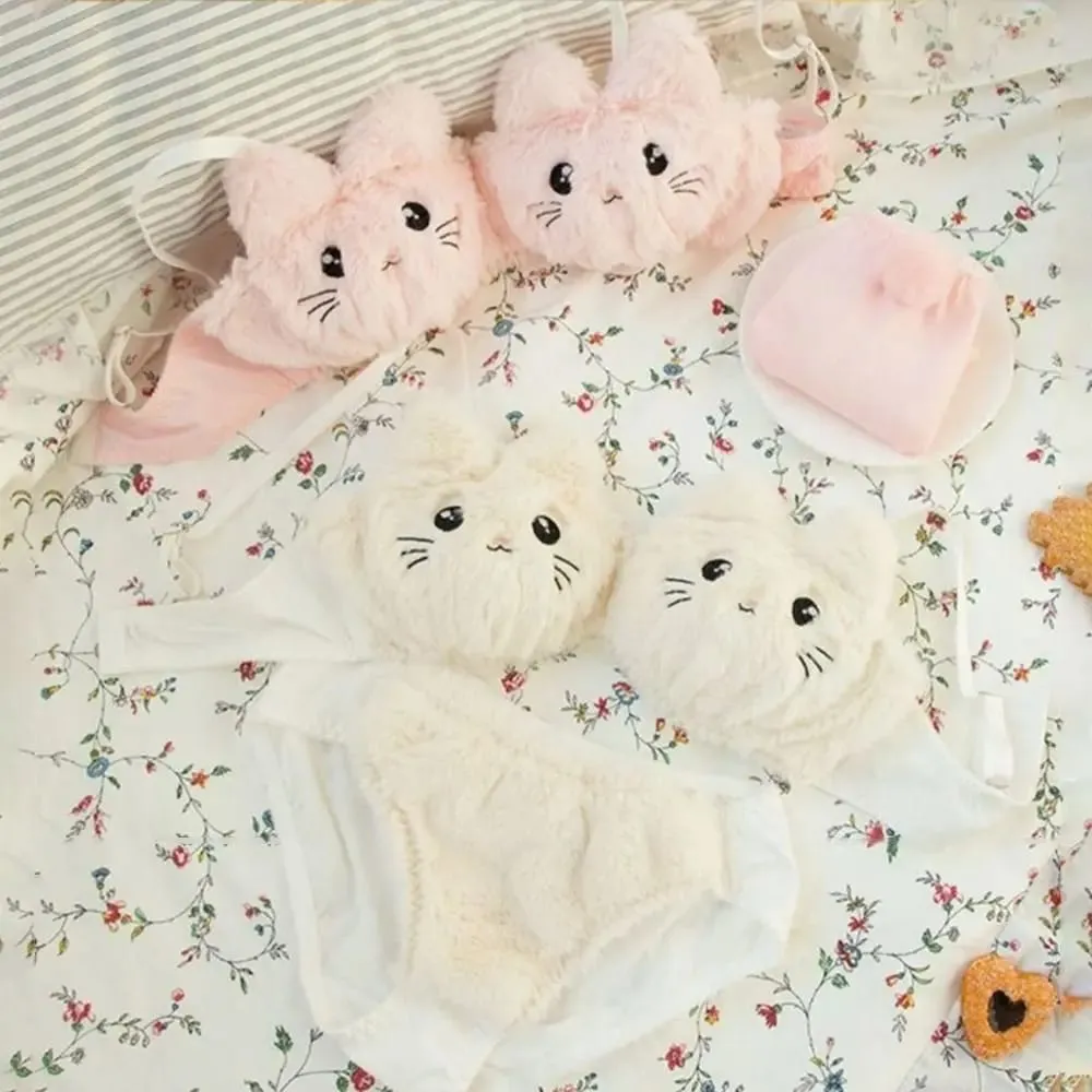 Cute Women Lingerie Set Wire-Free Cartoon Cat Winter Bra & Brief Sets Soft Girl Warm Underwear Panties Suit Winter — image 6