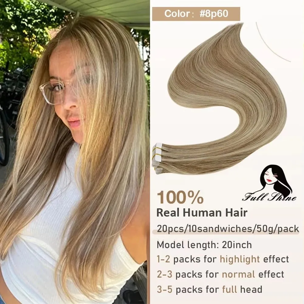 Full Shine Tape in Hair Extensions 20Pcs Skin Weft Remy Straight Hair Glue on Brazilian Hair for Women