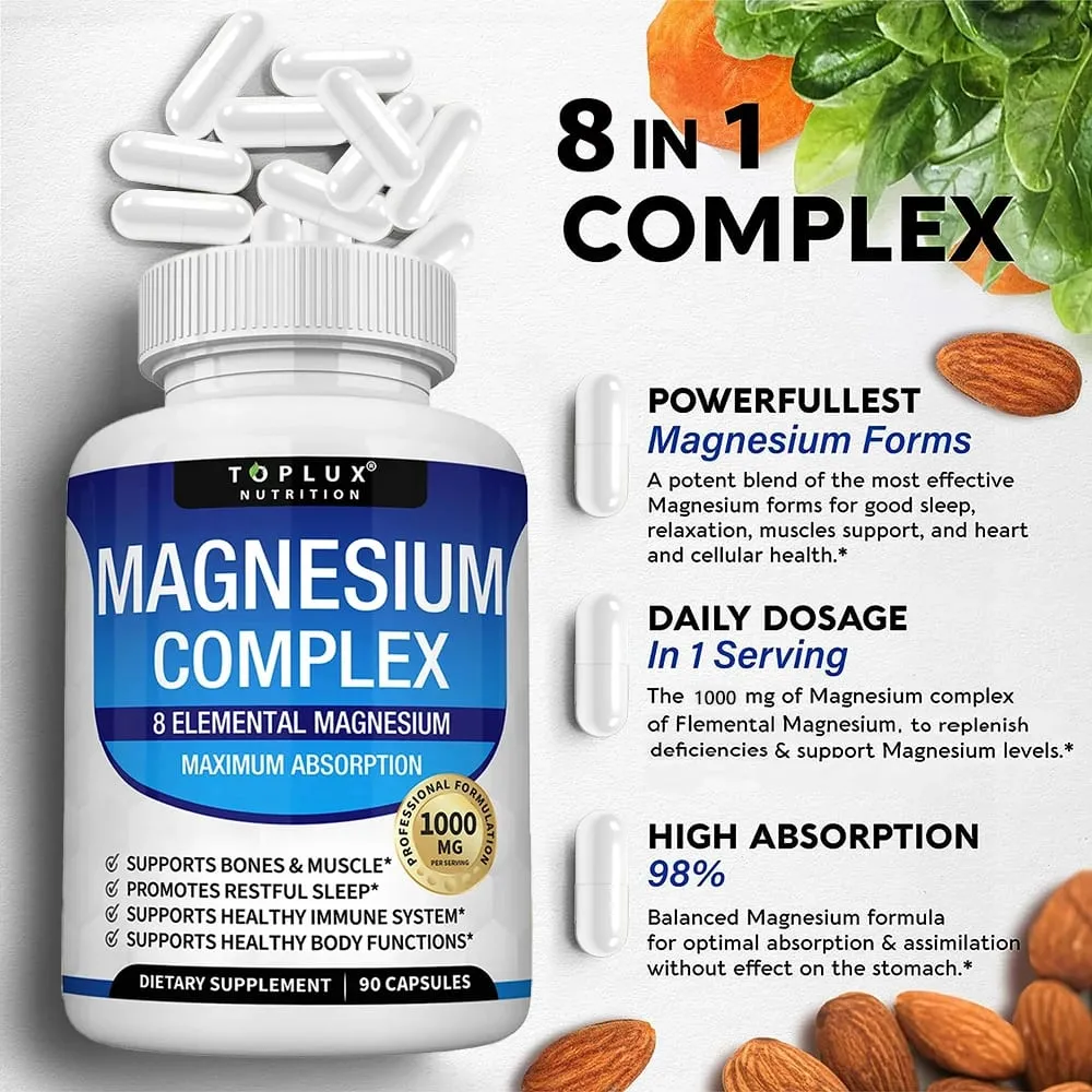 Complexe de magnésium 1000 mg 8 supplément de magnésium élémentaire avec glycinate citrate oxyde aspartate orotate malate taurate haute abs — image 1
