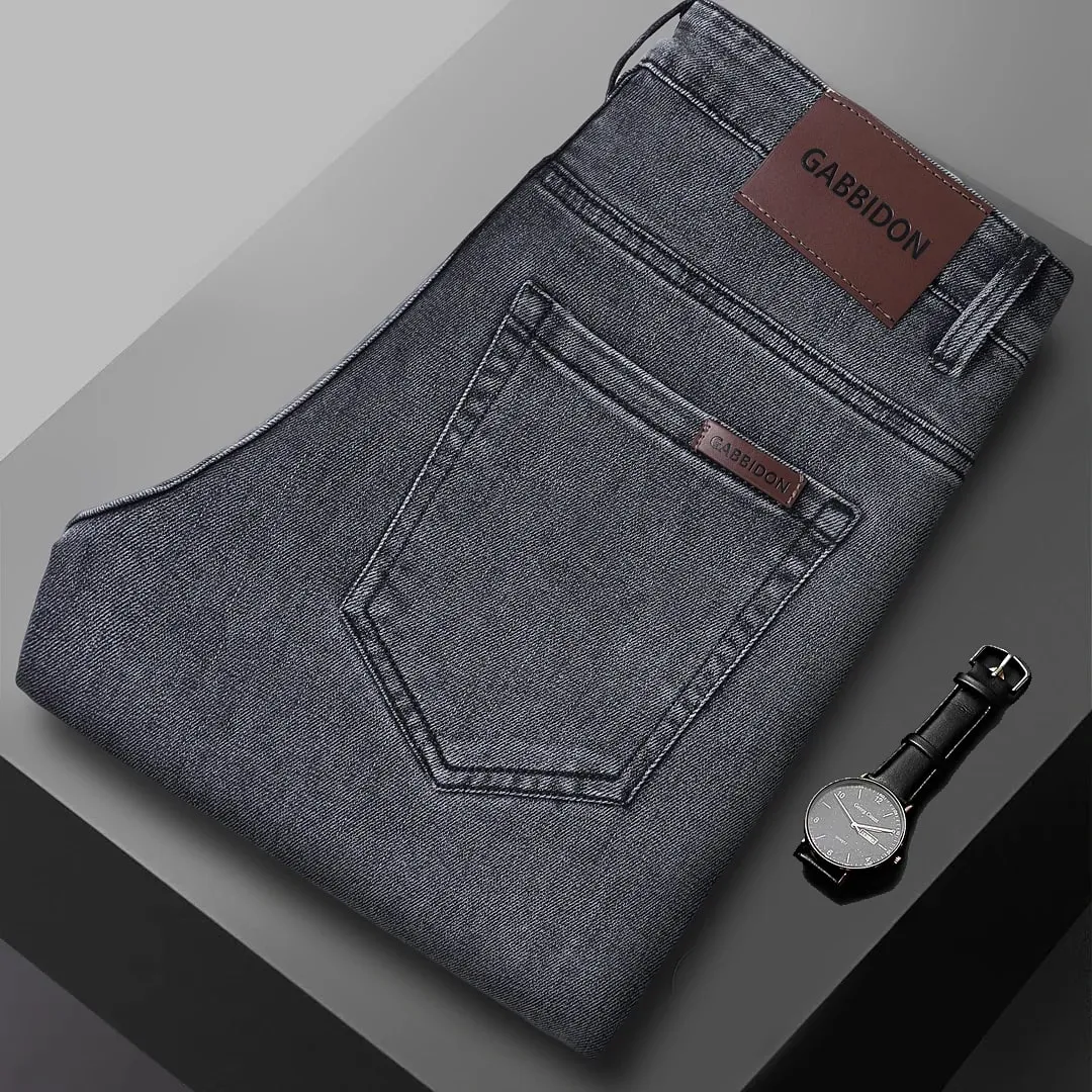 Spring New Men's Straight Jeans Comfortable Elastic Casual Business Work Trousers Retro Blue Fashion Fit Washed Denim Pants