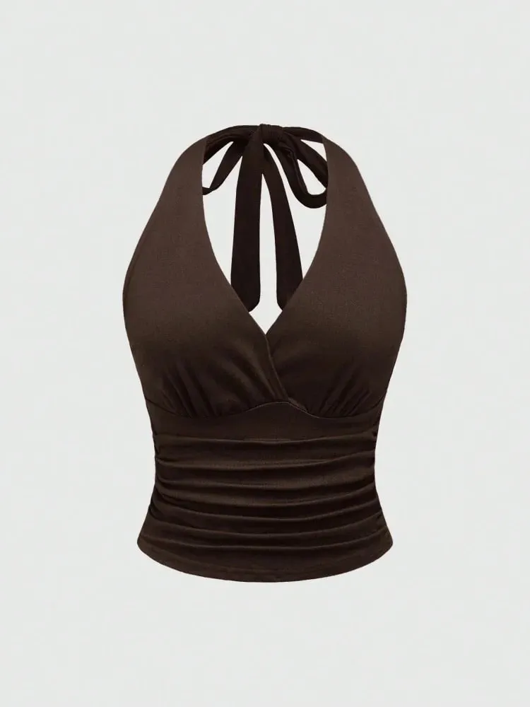 Áo crop top hở lưng cổ chữ V chắc chắn cho nữ mùa hè gợi cảm Y2K không tay xếp nếp hàng đầu dạo phố