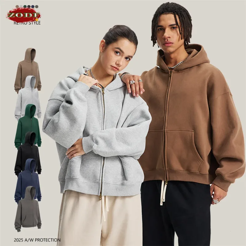 Trendy 2025 Winter Man Solid Fleece Boxy Hoodies Unisex 350gsm Double Head Zipper Hooded Sweatshirts Coat HY1122