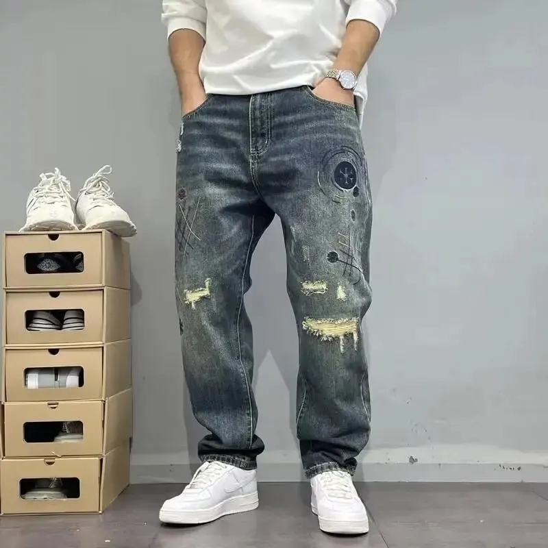 Four Seasons New Fashion Men's American High Street Hole Patched Loose Wide Leg Jeans Pants Vintage Washed Denim Trousers Male — image 1