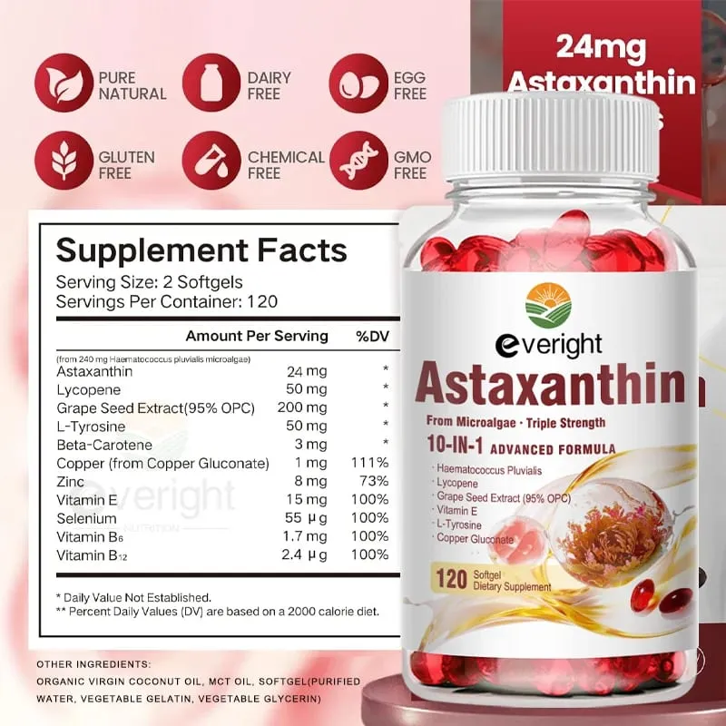 Astaxanthin 24mg – Powerful Antioxidant for Skin Eyes Immune System – 10-in-1 Formula Lycopene Grape Seed Vitamin E & Zinc — image 6