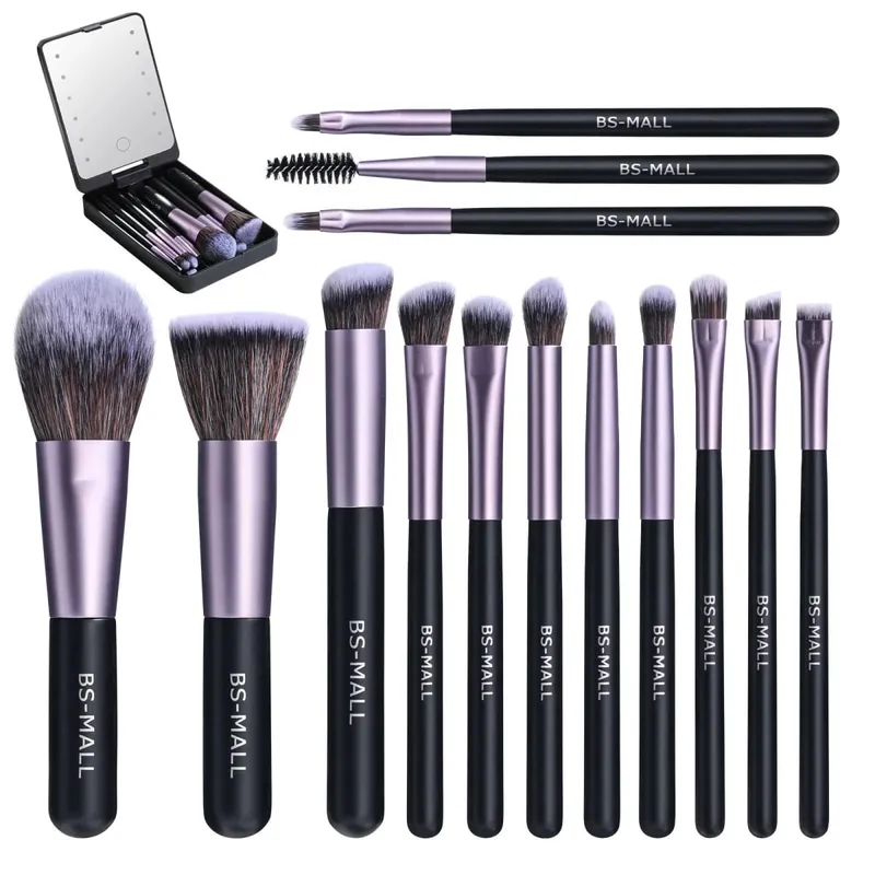 14 PCS Makeup Brush Set na May Illuminated Mirror Portable Short Handle LED Light USB Rechargeable Makeup Brushes Kit — image 13