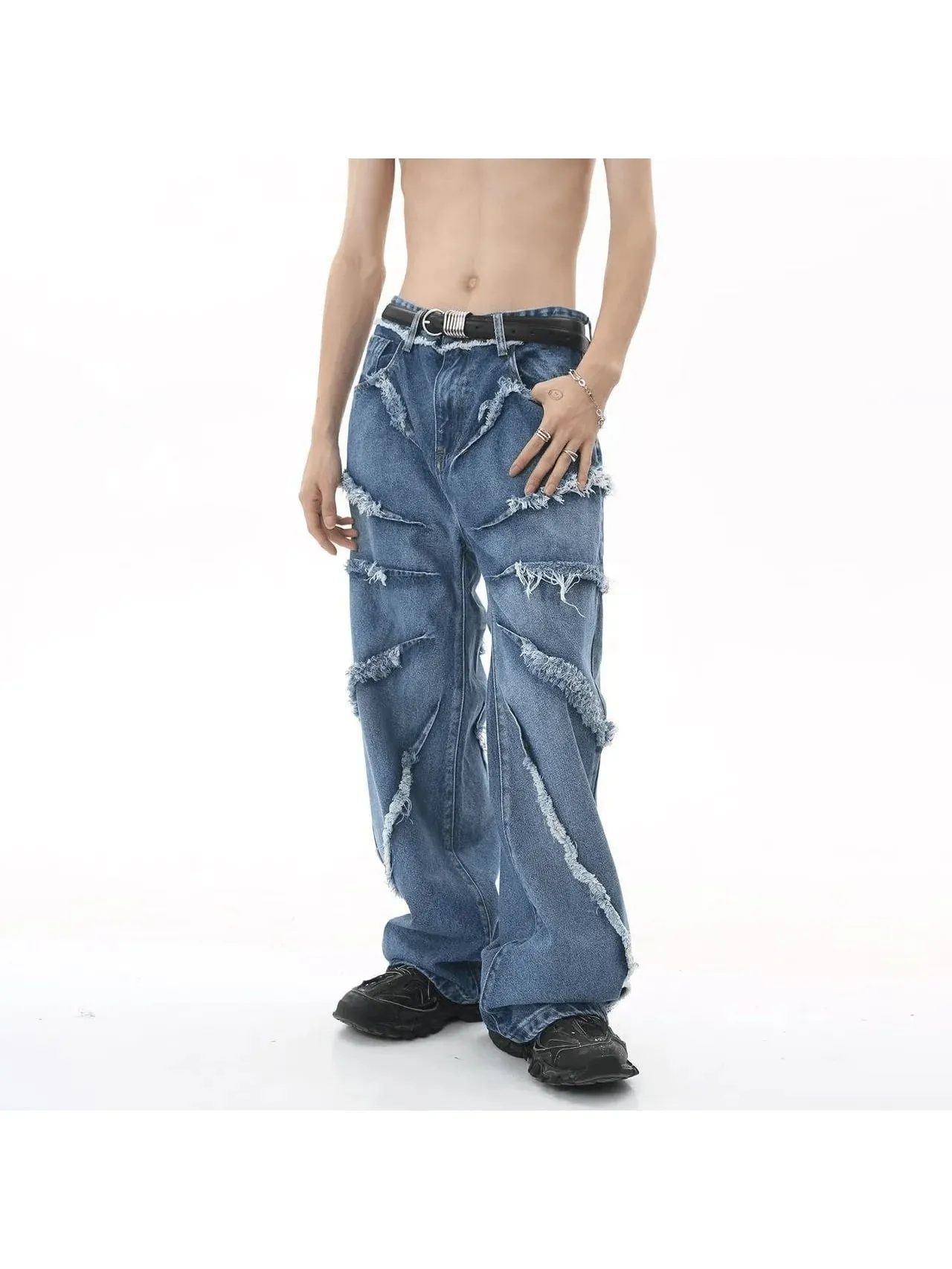 Men Y2K Rhinestone Rivet Decorated Wide Leg Jeans Vintage Washed Distressed Denim Pants Hip Hop Streetwear Baggy Trousers