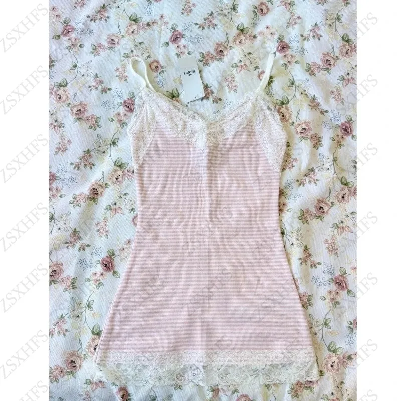Trendy Pink Lace Sexy T shirts Women Camis Hot Girl Lace Stripe Slim Sling Crop Top Corset Coquettish Grunge High Street Tanks — image 2