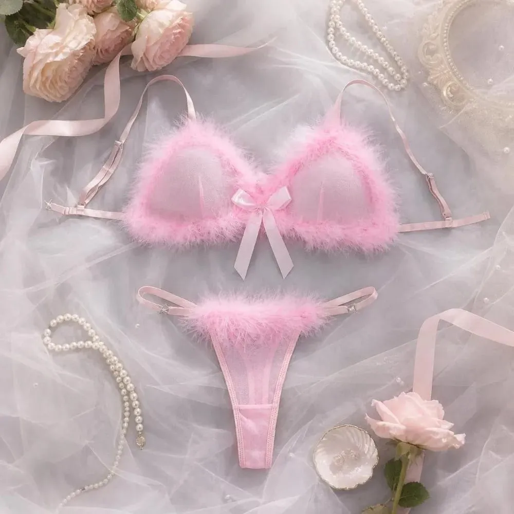 New Year Furry Women's Underwear Wireless Bow Decor Lingerie Set Romantic Intimate Mesh Transparent Bra Panties Suit Home — image 2