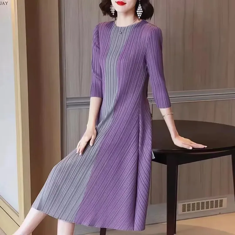 Miyake美麗晚禮服百褶女洋裝簡約時尚撞色彈性寬鬆短袖繫帶腰連身裙 — image 1