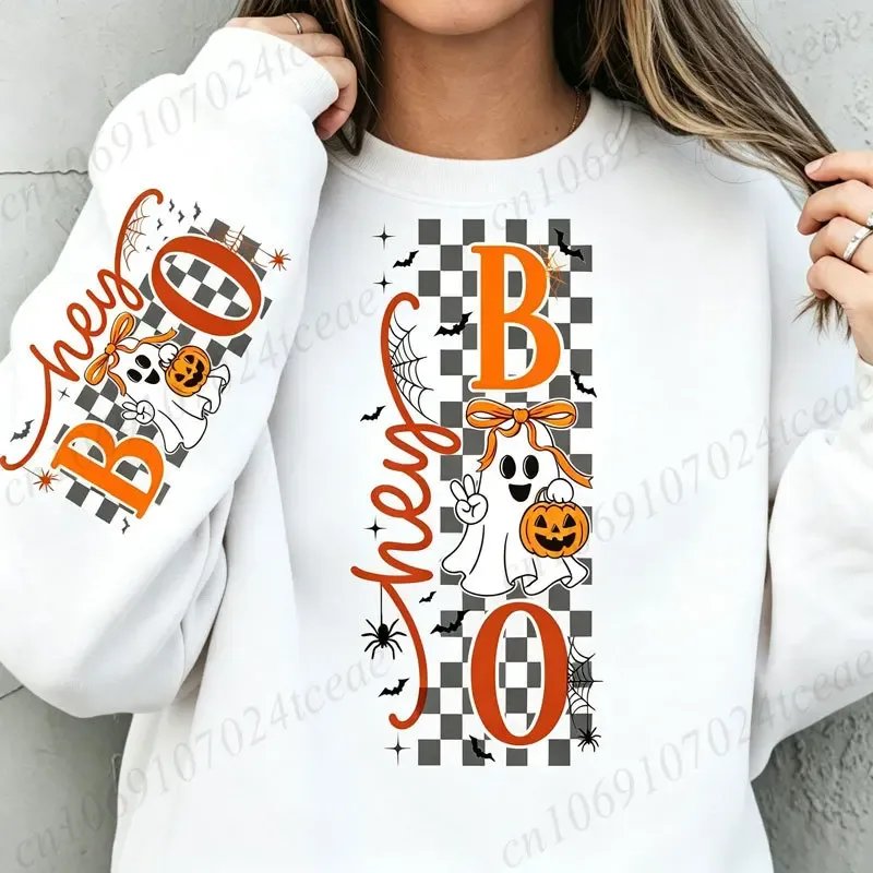 Halloween Hey Boo Unisex Sweatshirt Cute Bow Ghost Pumpkin Graphic Crewneck Long Sleeve Casual Fall Pullover Cotton Tops 330gsm