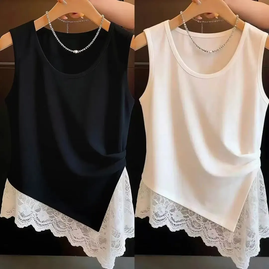 Tagsibol at tag-araw na malalaking sukat na damit ng kababaihan bagong commuter wind pleated na disenyo kahulugan lace lace splicing irregular vest — image 2