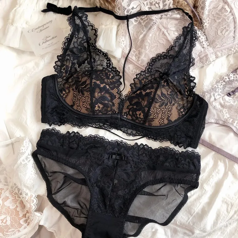 Sexy Lace Embroidery Women Lingerie Set French Thin Cup Halter Bikini Bra High Quality Push Up Bralette Backless Underwear Set