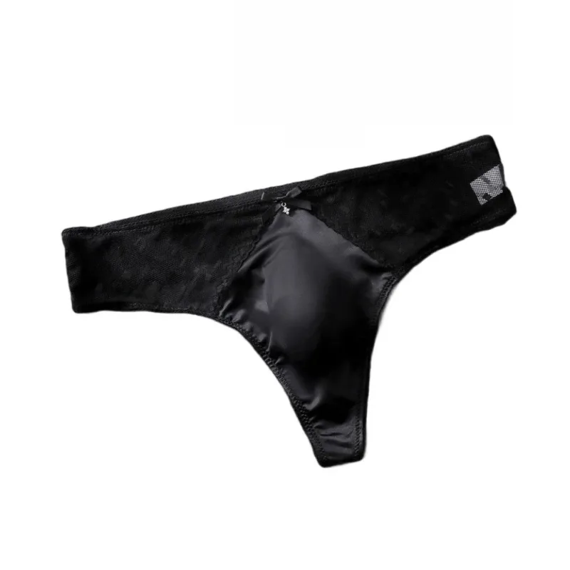 Men's Thong Underwear Made of 81.7% Polyester 18.3% Spandex Ice Silk Blend with Lace Trim and 3D Bulge Pouch Solid G String — image 4