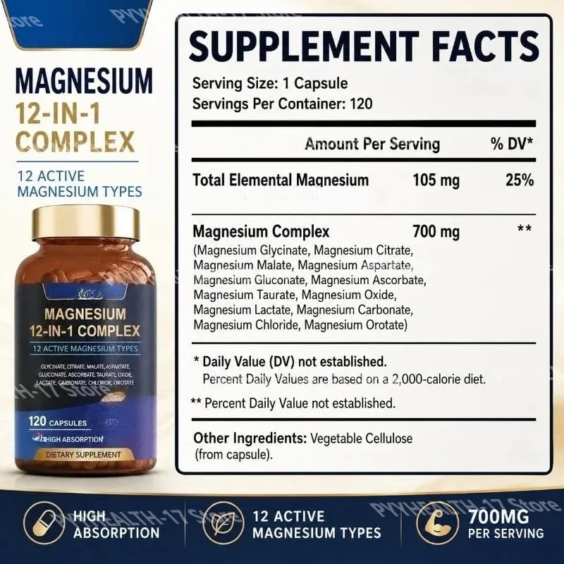 Magnesium 12-In-1 Complex Capsules 12 Active Magnesium Types High Absorption Glycinate Citrate Forms 120 Capsules — image 2