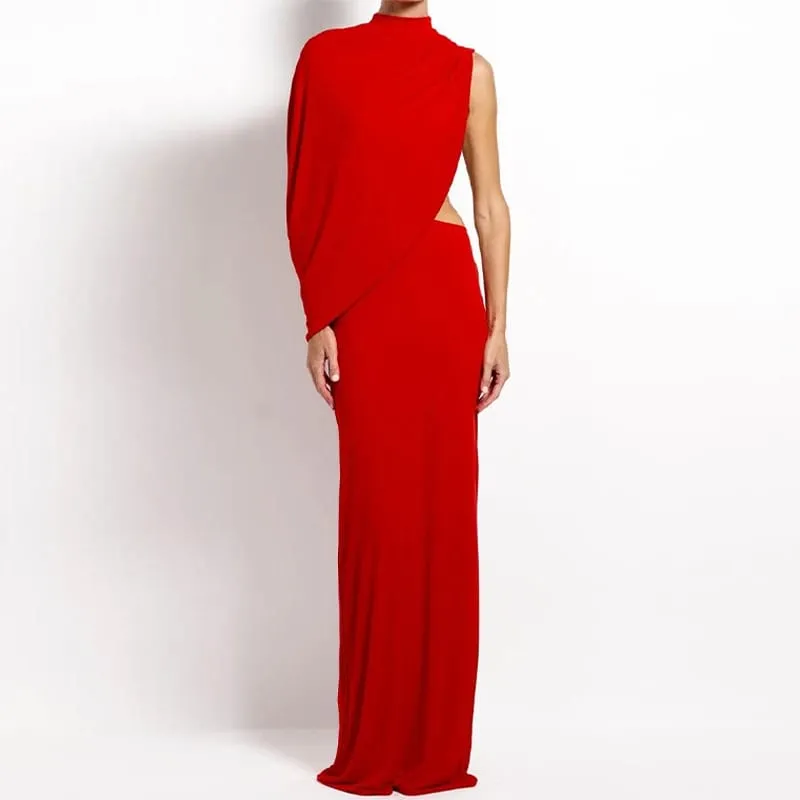 Abito lungo rosso asimmetrico drappeggiato senza schienale con una spalla e collo alto, aderente, abito da sera aderente per feste formali da donna — image 6