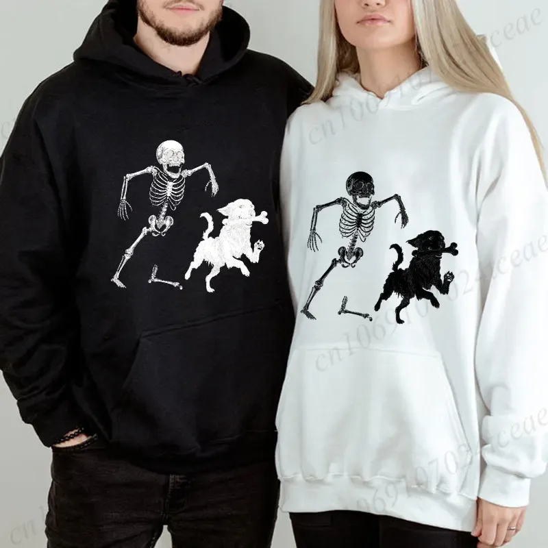 Vintage Halloween Men Women Hoodies Funny Skeleton Dog Print Tees Short Sleeve Casual Tops Halloween Party Costume Street Wear