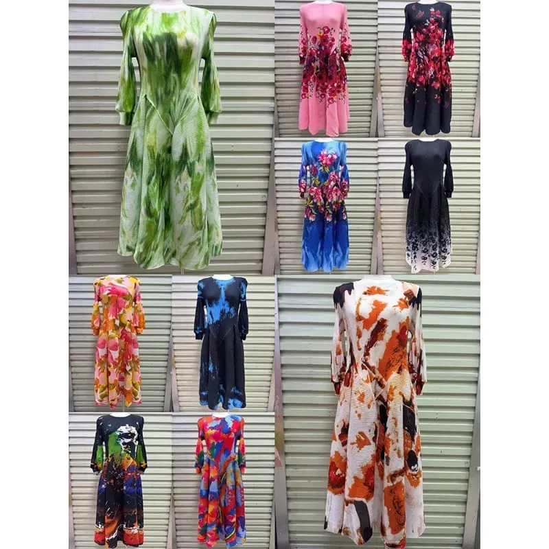 Miyake Plissee Kleider 2026 Herbst Neue Sanfte Französisch Druck Elegante Stretch Plus Größe frauen Langarm Bounce Blume Knospe kleid — image 6