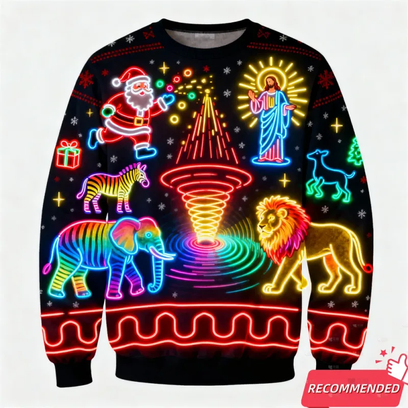 Fake Neon Light 3D Gedrukt Lelijke Kerst Trui Voor Vrouwen Mannen Kleding Vrolijk Kerstfeest Sneeuwpop Grappige Kerstman Jezus Truien trainingspak