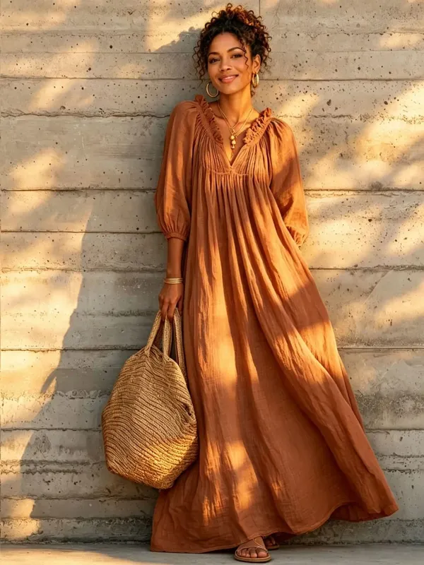 Women Boho Dresses V Neck Lantern Sleeve Maxi Dress Vacation Loose Beach Cover Up Dress Spring Summer Overall Jumpsuit Playsuit — image 11