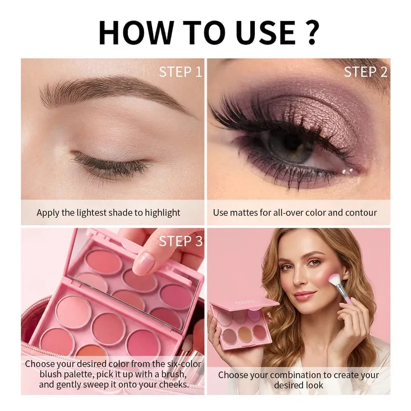 Matte Shimmer Nude Eyeshadow & 6 Tone Blush Powder Palette Kit de maquiagem facial de longa duração misturável com pincéis aplicadores — image 7