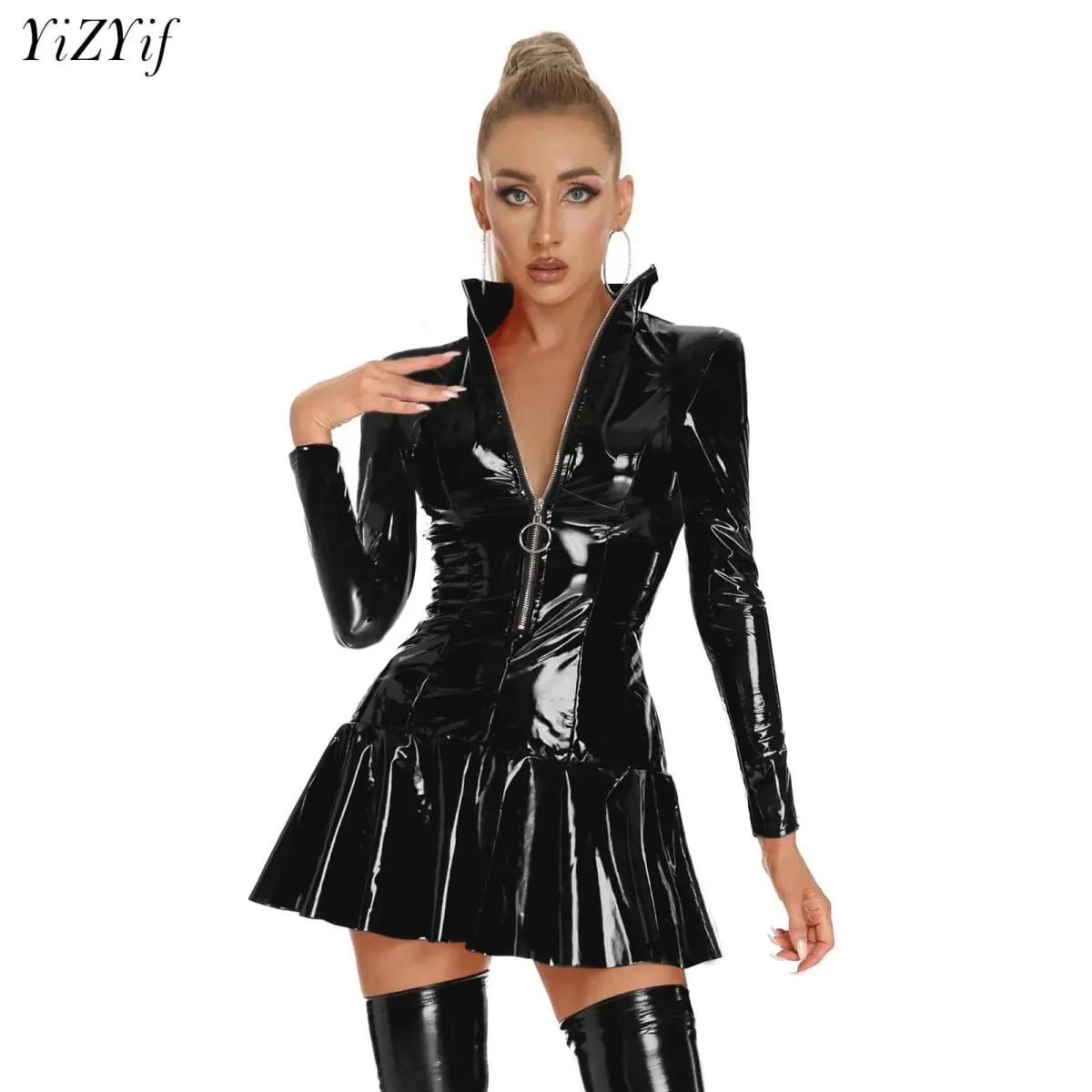 Nữ Ướt Nhìn Cao Su Da Bodycon Đầm Cao Cổ Dây Kéo Phía Trước Mini Bóng Cuồng Vũ Carnival Trình Diễn Trang Phục — image 2