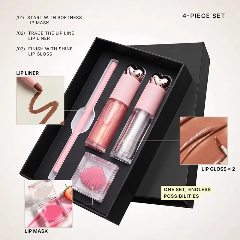 4 ชิ้น/ชุดมังสวิรัติแต่งหน้า Lip GLOSS Matte ลิปสติก Lip Liner Lip Mask ชุดฉลากส่วนตัวโลโก้ที่กำหนดเองขายส่ง