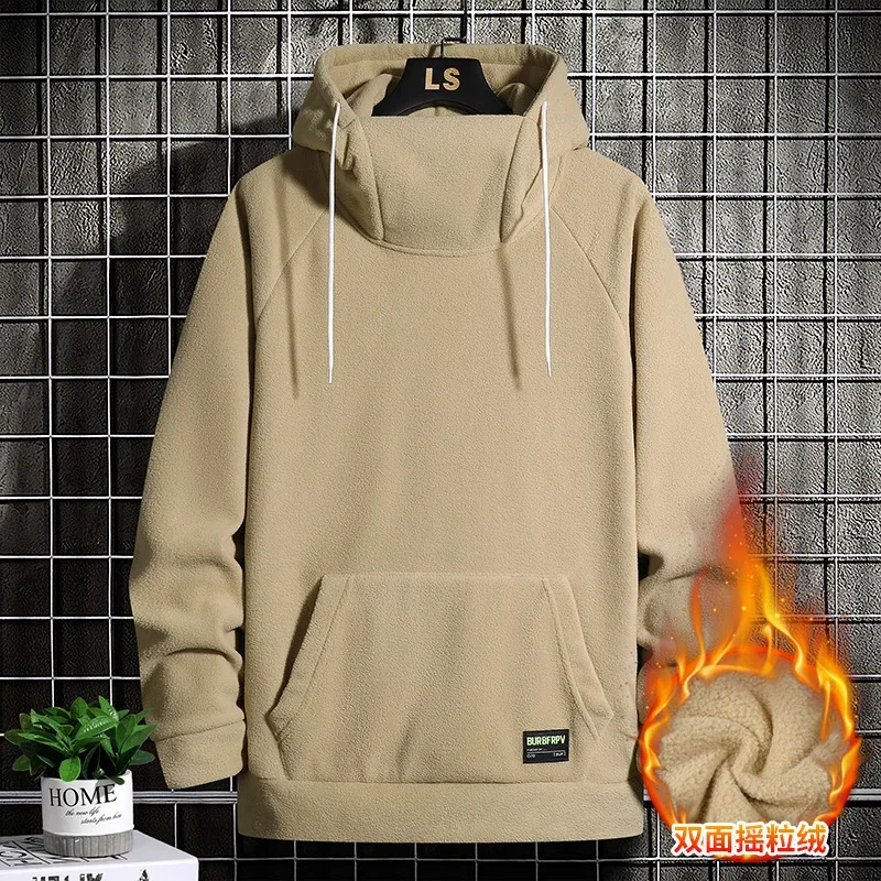 Men's Polar Fleece Sweatshirt Solid Color Street Style Autumn Winter Hood Sports Windproof Oversized High Collar Hoodie 5XL