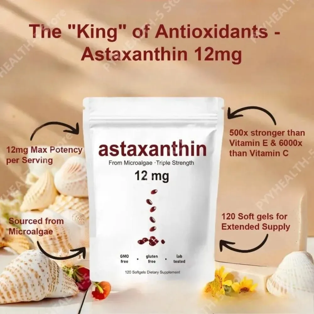 Astaxanthine 12 mg softgels - Dagelijkse antioxidantondersteuning Niet-GMO Glutenvrij Sojavrij 120 capsules voor volwassenen