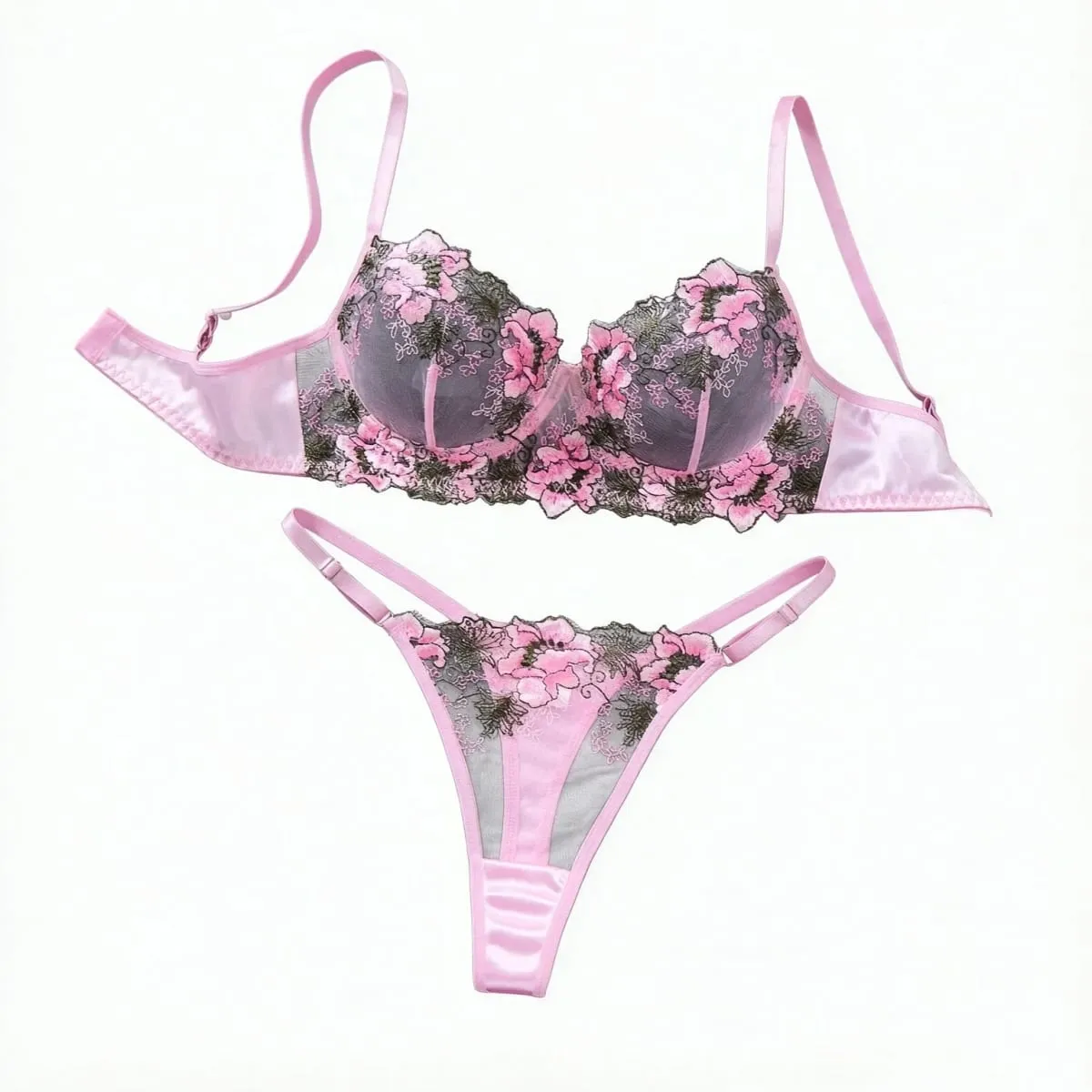 Women Floral Embroidery Lace Lingerie Set Push‑Up Bra & Thong Mesh Satin Intimate Underwear for Daily Nightwear ZA825146 — image 1