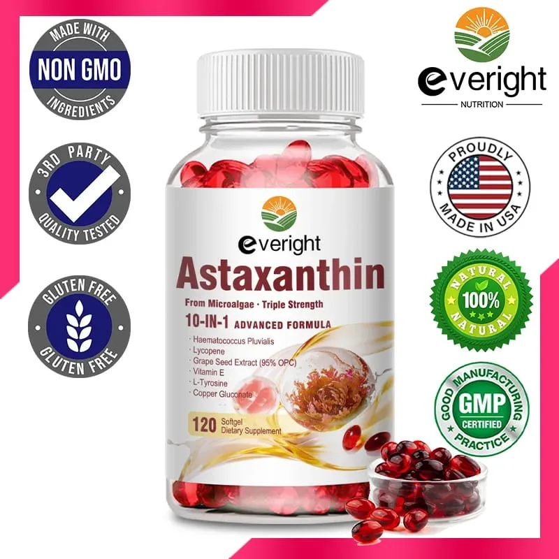 Astaxanthin 24mg – Powerful Antioxidant for Skin Eyes Immune System – 10-in-1 Formula Lycopene Grape Seed Vitamin E & Zinc